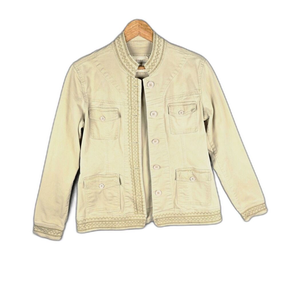 Natural Reflections Embroidered Cotton Jacket Medium Cream Boho Four Pocket